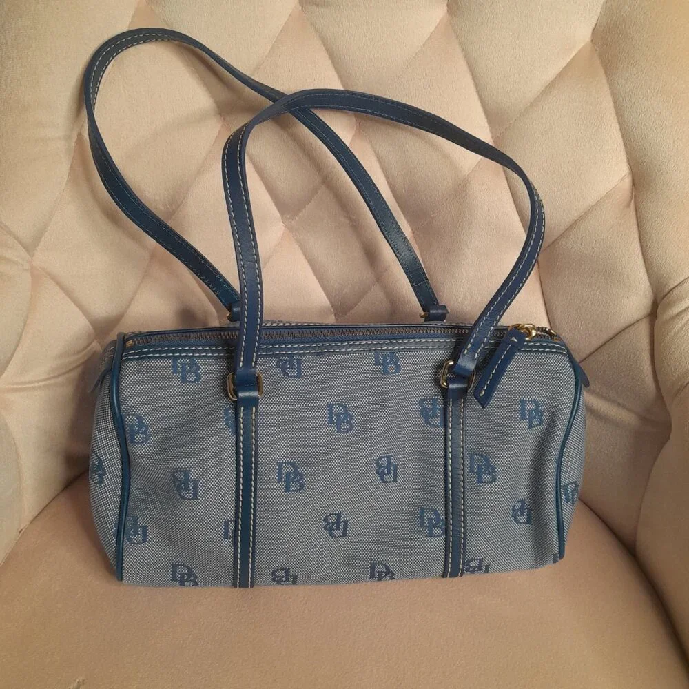 Dooney & Bourke Signature Canvas DB Monogram Small Barrel Shoulder Bag Blue - Picture 2 of 10